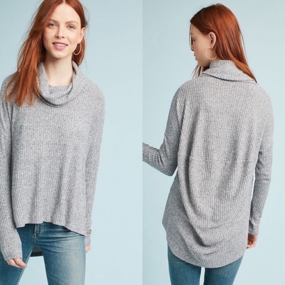 Anthropologie Maeve Gray Ribbed Cowl Neck Top